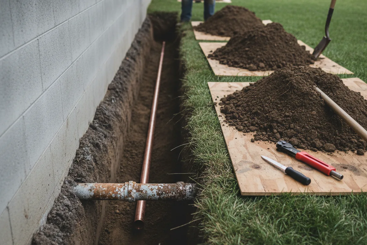 Excavated water line trench during Sewer Line Repair in Canandaigua